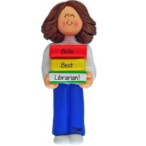Image of FEMALE Librarian Holding Stack Of Books Ornament BRUNETTE