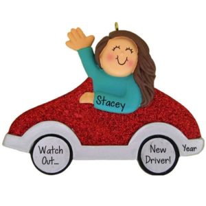 Image of Personalized New Driver BRUNETTE Girl In RED Car Ornament