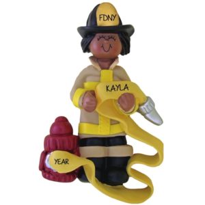 Image of AFRICAN AMERICAN FEMALE Firefighter Holding Hose Ornament