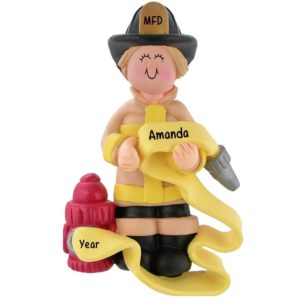 Image of Personalized FEMALE Firefighter Holding Hose Ornament BLONDE