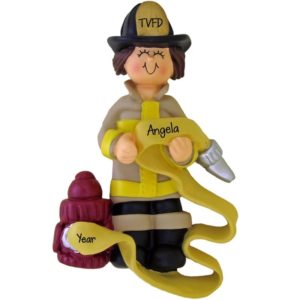 Image of Personalized FEMALE Firefighter Holding Hose Ornament BRUNETTE