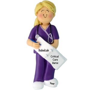 Image of Personalized Nurse Wearing PURPLE Scrubs Ornament Female BLONDE