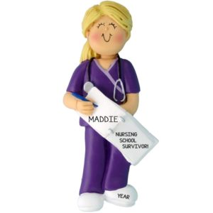 Image of Nurse Graduation PURPLE Scrubs Ornament BLONDE FEMALE
