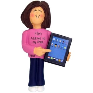 Image of Personalized FEMALE Holding iPad Tablet Ornament BRUNETTE