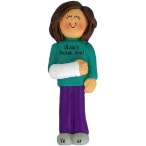Image of Female Broken Arm In Cast Personalized Ornament BRUNETTE