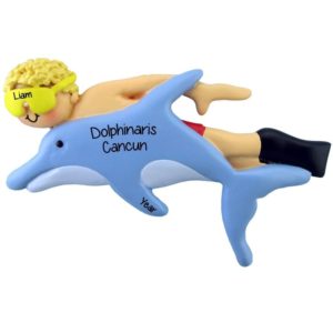 Image of Personalized BOY Swimming With Dolphins Ornament BLONDE Hair