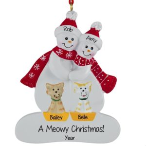 Image of Personalized Snow Couple With 2 CATS RED Scarves Ornament