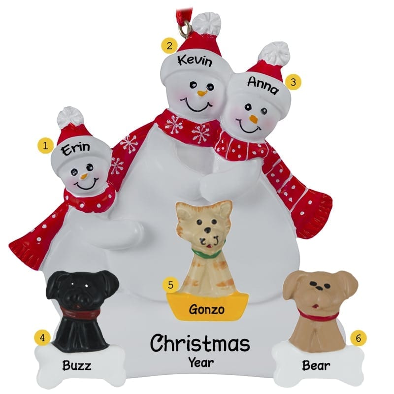 Personalized Snow Family Of 3 + 3 Pets Red Scarves Ornament ...