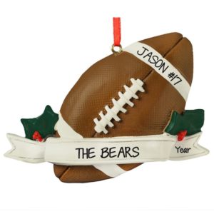 Image of Football On Banner With Holly Leaves Personalized Ornament