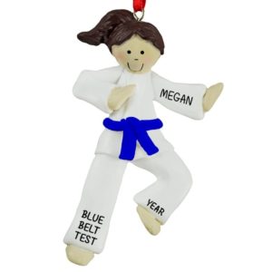 Image of Karate GIRL BLUE Belt Personalized Ornament BRUNETTE