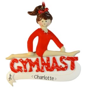 Image of Gymnastics BRUNETTE Girl Split RED Leotard Ornament