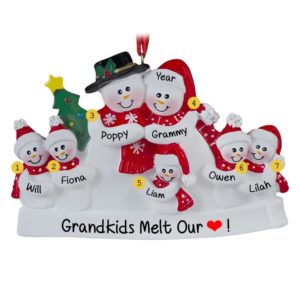 Image of Grandparents + 5 Grandkids Snow Family Red Scarves Ornament