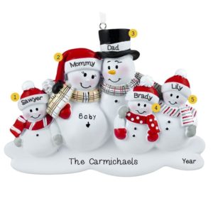 Image of Expecting Snowfamily + 3 Kids Plaid Scarves Ornament