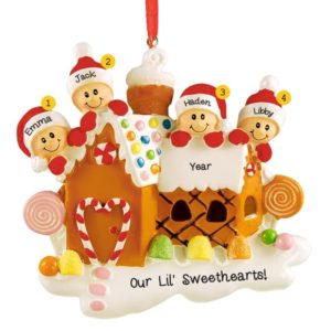Image of Four Grandkids Atop Gingerbread House Personalized Ornament