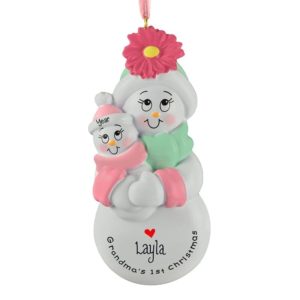 Image of Grandma's 1ST Christmas Snowlady Holding Baby PINK Ornament