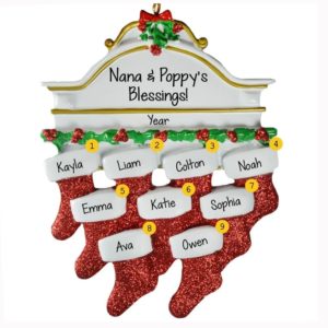 Image of Nine Grandchildren Glittered Stockings On Mantle Ornament