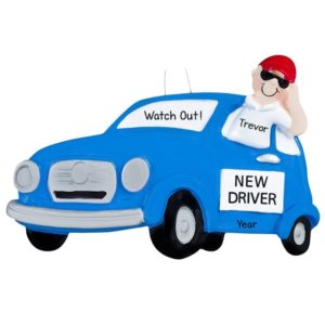 Image of New Driver BOY In BLUE Car Ornament