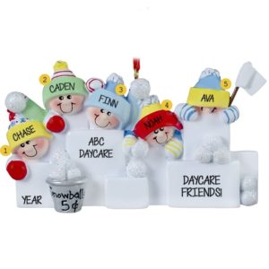 Image of 5 Daycare Friends Throwing Snowballs Ornament