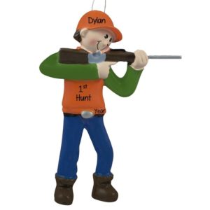 Image of Personalized First Hunt Orange Vest Holding Rifle Ornament
