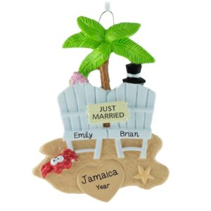 Image of Honeymoon 2 Beach Chairs Palm Tree Just Married Sign Ornament