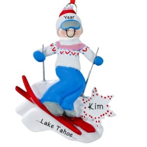 Image of Girl Skiing Downhill WHITE Sweater Red Hearts Ornament