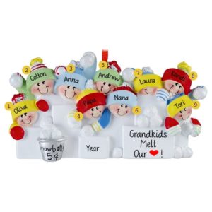 Image of Grandparents + 7 Grandkids Throwing Snowballs Ornament