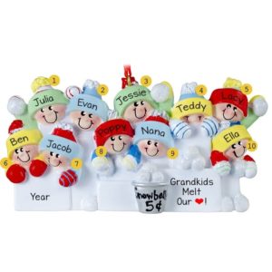 Image of Grandparents + 8 Grandkids Throwing Snowballs Ornament