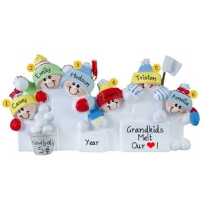 Image of 6 Grandkids Throwing Snowballs Glittered Ornament