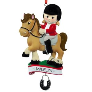 Image of Girl Riding Horse Dangling Horseshoe Personalized Ornament