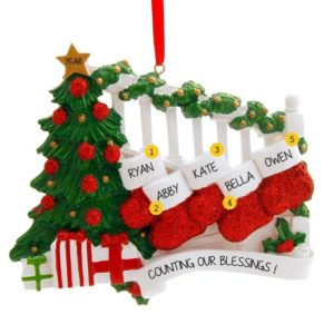 Image of Five Grandkids Glittered Stockings On Bannister Ornament