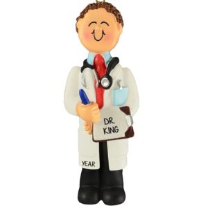 Image of MALE Doctor Wearing Stethoscope Holding Clipboard Ornament BROWN HAIR