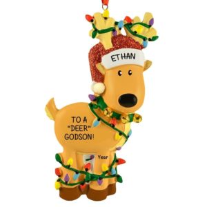 Image of Personalized Godson Deer Tangled In Lights Ornament