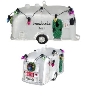 Image of Snowbirds in Camper With Lights Glass Personalized Ornament