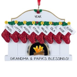 Image of Eight Grandkids Red Stockings White Fireplace Ornament