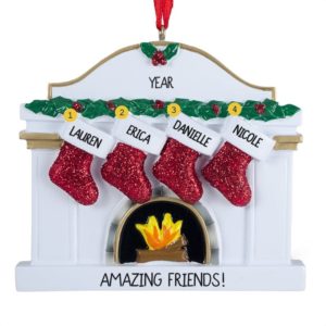 Image of Four Friends Red Glittered Stockings Personalized Ornament