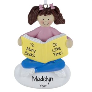 Image of Girl Reading Book Personalized Ornament BRUNETTE