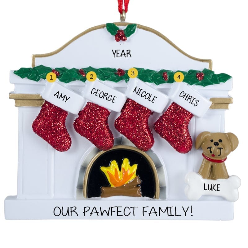 Personalized Family Of 4 With Dog White Fireplace Ornament ...