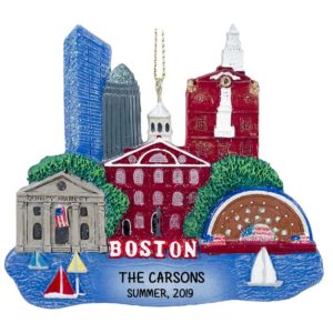 Image of BOSTON Scene Buildings, Market & Sailboats Souvenir Ornament