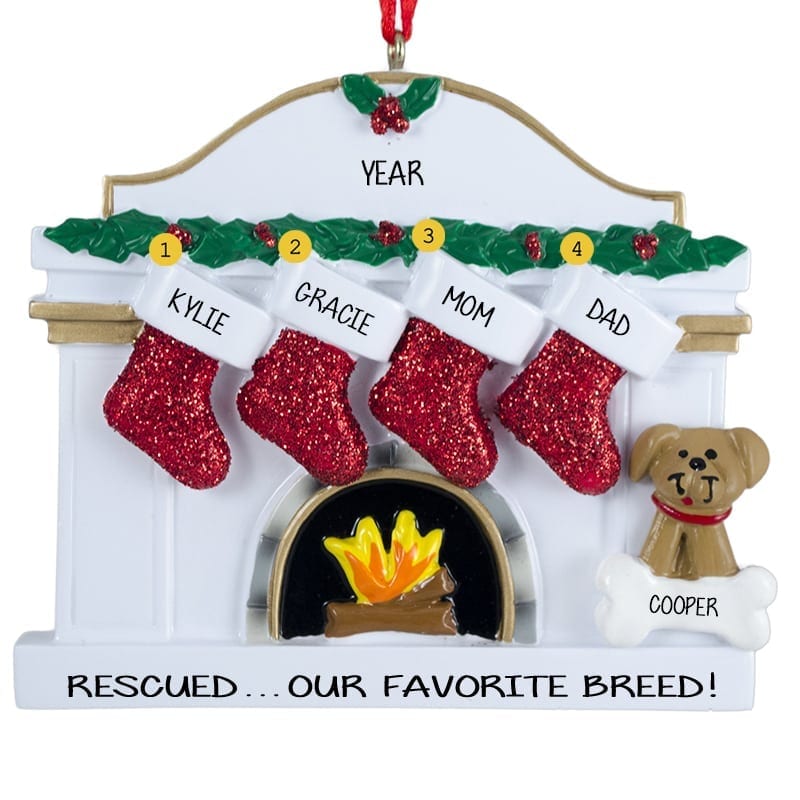 Rescue Dog With Family Of 4 Fireplace Ornament | Personalized Ornaments ...