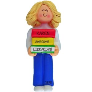 Image of FEMALE Librarian Holding Stack Of Books Ornament BLONDE