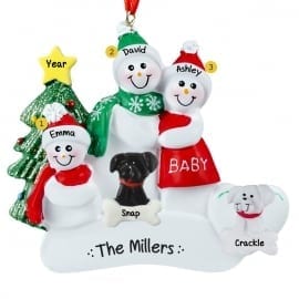 Image of Pregnant RED Snow Couple with Child + 2 Dogs Ornament