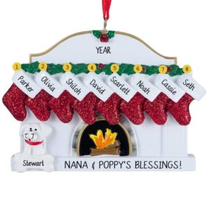 Personalized Fireplace Family of 8 w/ Dog or Cat Christmas Ornament