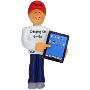 Image of Binging On Netflix MALE With iPad Personalized Ornament
