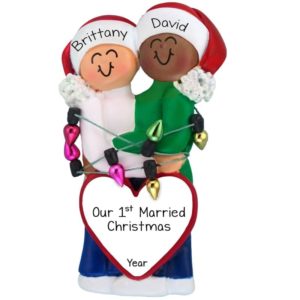 Image of Caucasian Female African American Male 1st Married Christmas Ornament