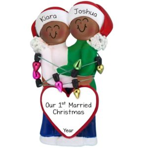 Image of Personalized African American Couple's 1st Married Christmas Tangled In Lights Ornament