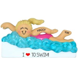 Image of I Love To Swim BLONDE GIRL In Water Personalized Ornament