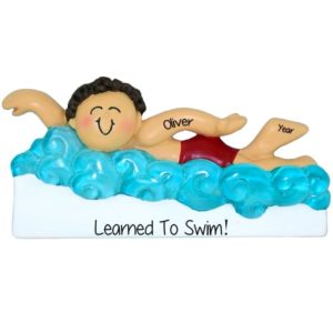 Image of Learned To Swim BROWN HAIR BOY In Water Personalized Ornament