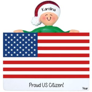 Image of Proud US Citizen Person Atop US Flag Personalized Ornament