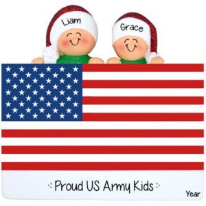 Image of Personalized 2 Kids of Military Parent Or Parents Atop US Flag Ornament