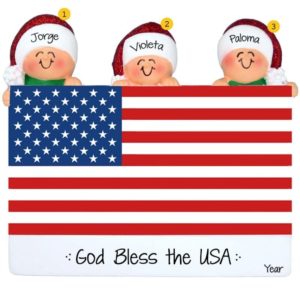 Image of Proud Family Of 3 Atop American Flag Ornament